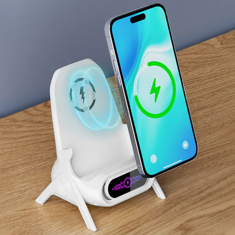 Support de téléphone 3 en 1 – Compatible MagSafe, écran LCD et gestion des câbles.