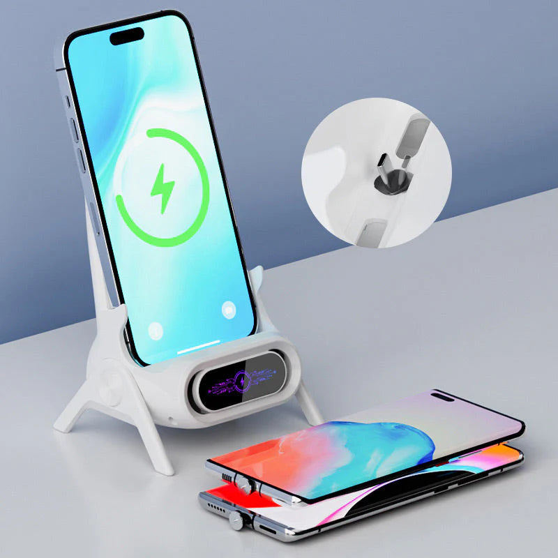 Support de téléphone 3 en 1 – Compatible MagSafe, écran LCD et gestion des câbles.