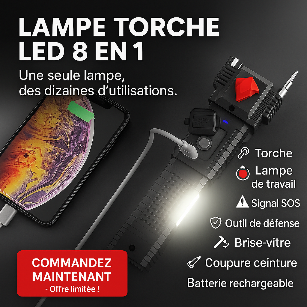 Lampe de Poche LED de Sécurité 8-en-1 Rechargeable