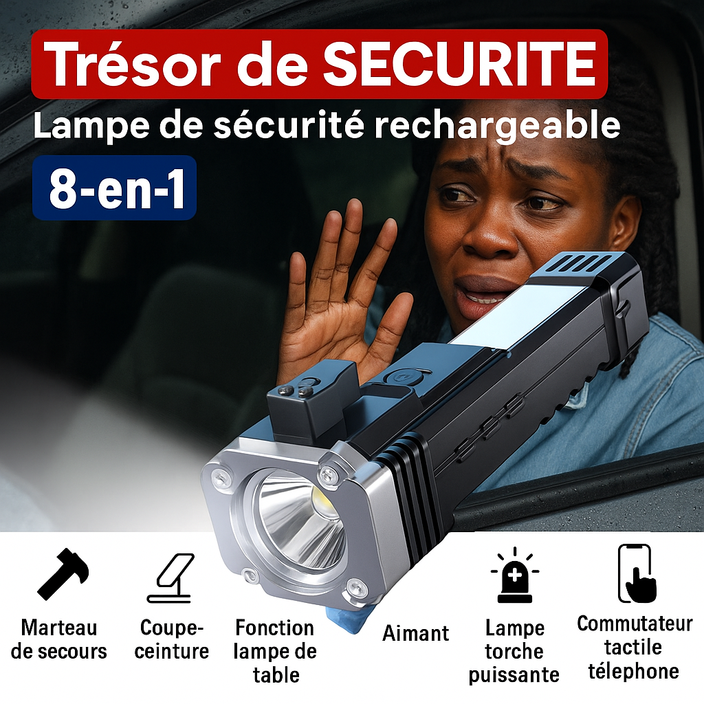 Lampe de Poche LED de Sécurité 8-en-1 Rechargeable